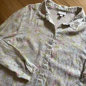J. Jill 100% Linen Women Shirt Blouse L Floral Button Up Cottagecore Pastel